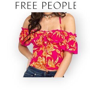 Free People bohemian pink orange floral Cha Cha Cha Cold Shoulder Top Small